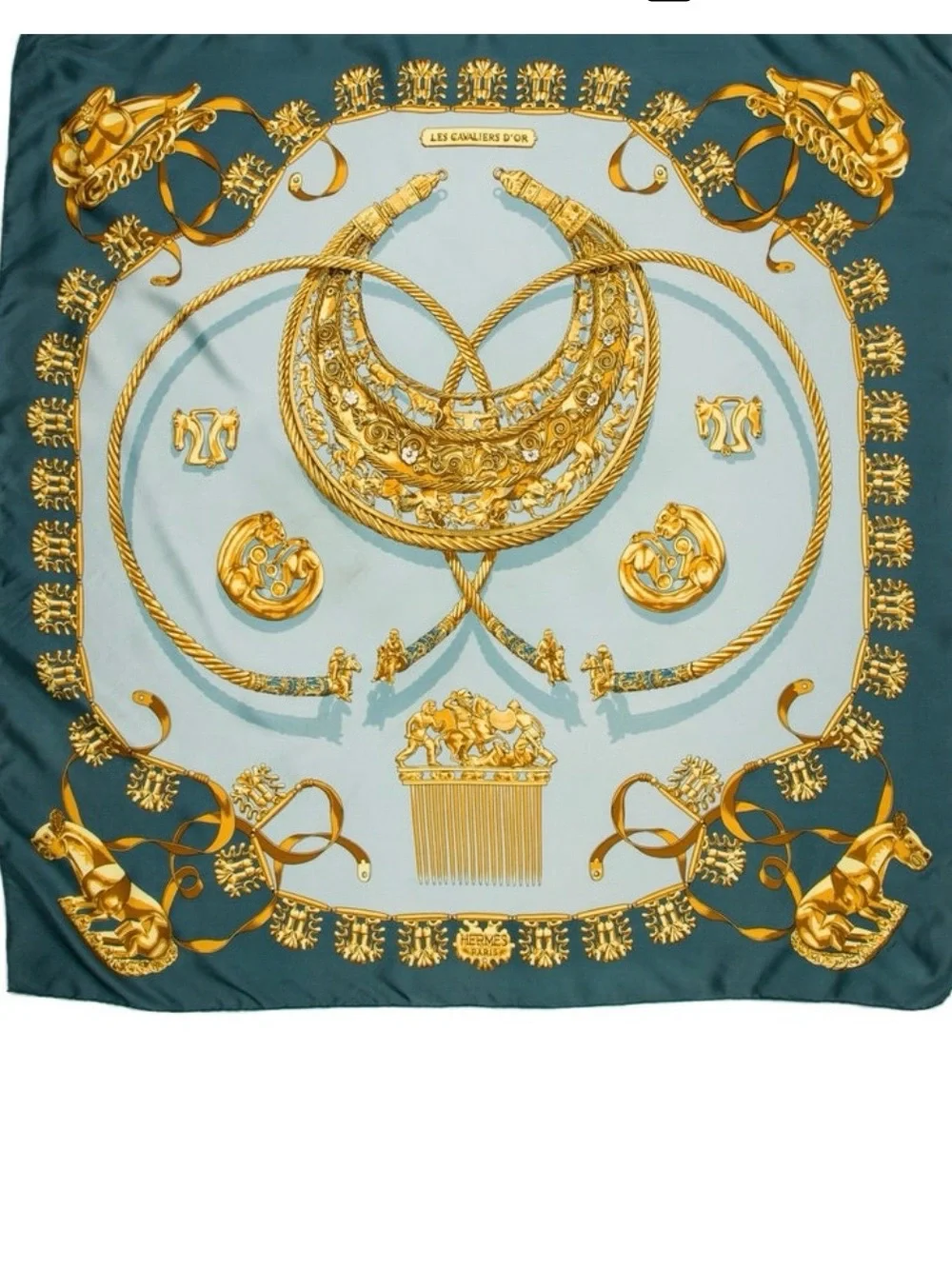 Authentic Hermès Les Cavaliers D'Or Silk Scarf 90 Teal Gold Vintage